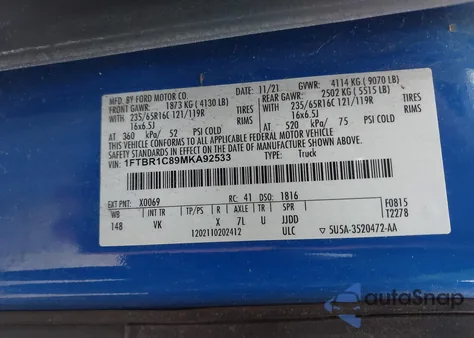 2021 Ford Transit-250 из США, поврежденный, VIN 1FTBR1C89MKA92533